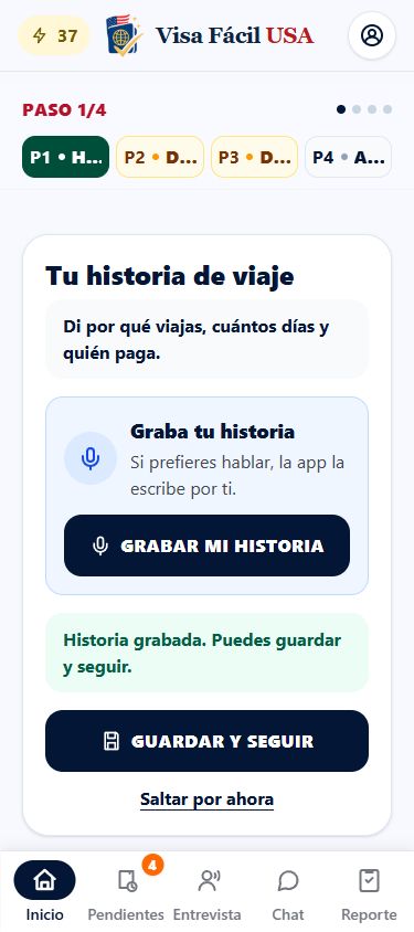 Pantalla Historia de la app Visa Fácil USA