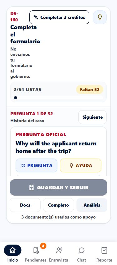 Pantalla DS-160 de la app Visa Fácil USA