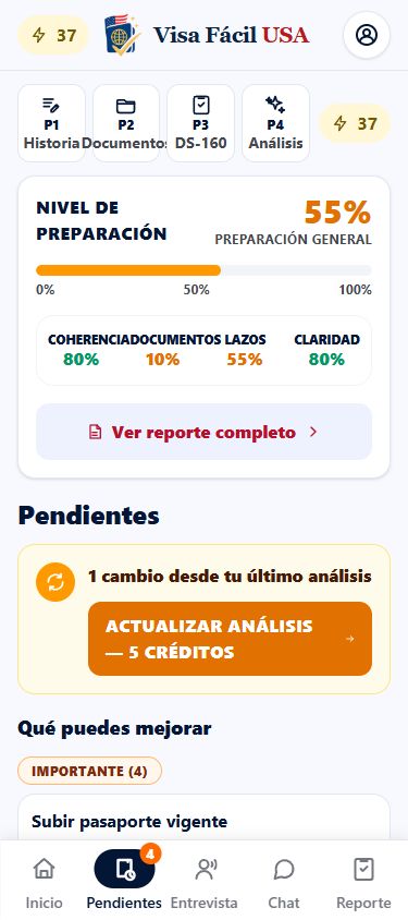 Pantalla Pendientes de la app Visa Fácil USA