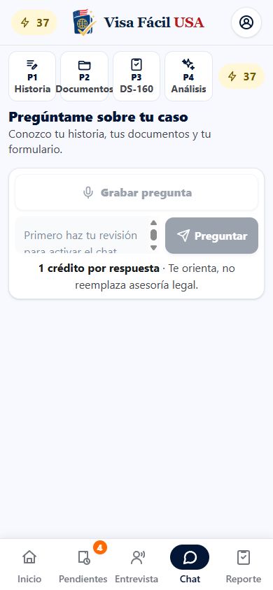 Pantalla Chat de la app Visa Fácil USA